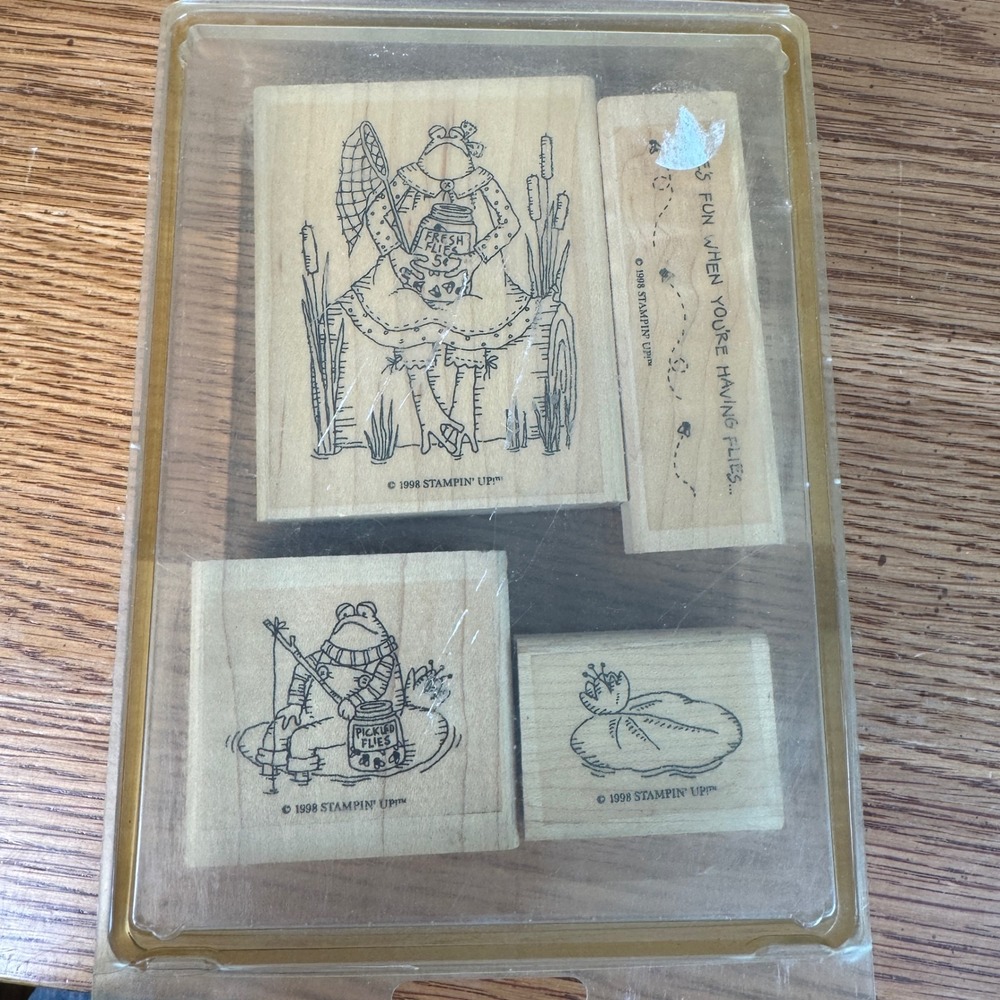 Vintage 1998 Stampin Up Frog Rubber Stamps Set of 4 Wood Block Life Is Fun Flies